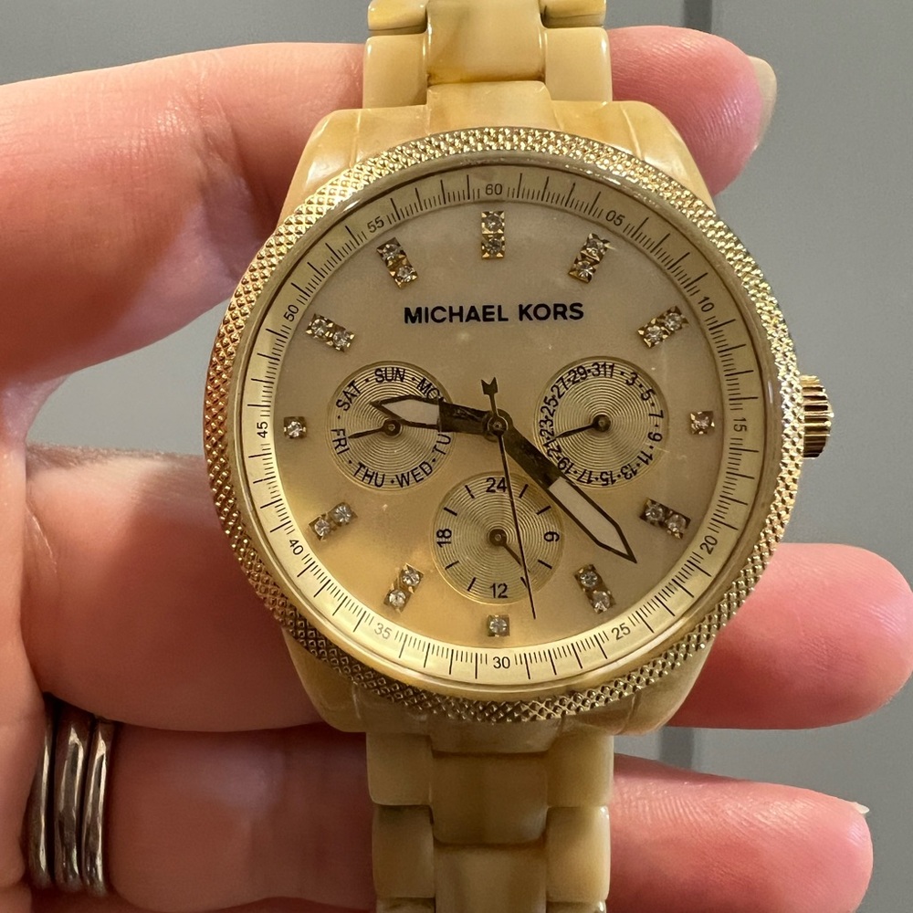 Michael Kors Gold Watch with Crystal Bezel and Chronograph.